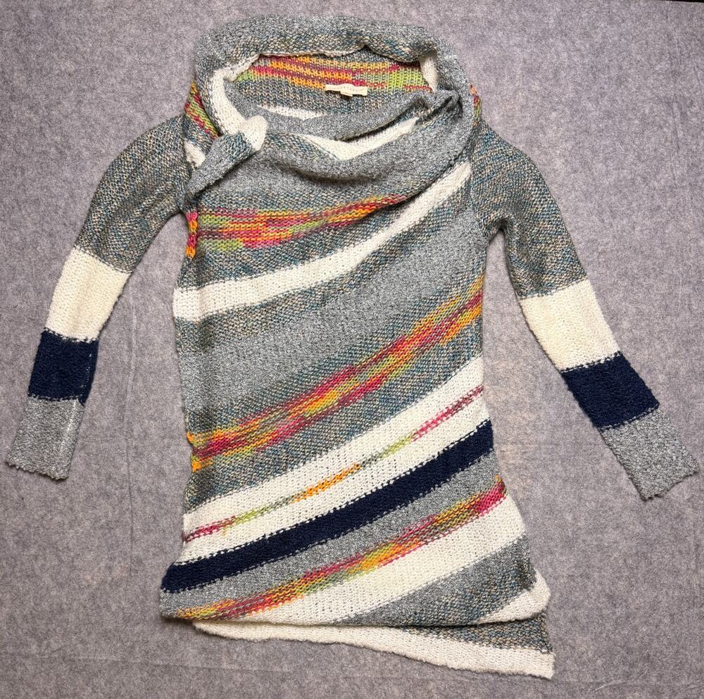 Lovestitch Womens M Cowl Neck Asymmetric Wrap Cardigan Sweater Striped Gray Boho